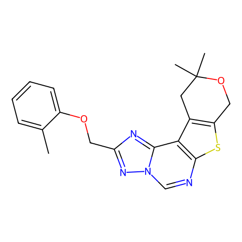 10,10-dimethyl-2-((o-tolyloxy)methyl)-10,11-dihydro-8H-pyrano[4',3':4,5]thieno[3,2-e][1,2,4]triazolo[1,5-c]pyrimidine structure