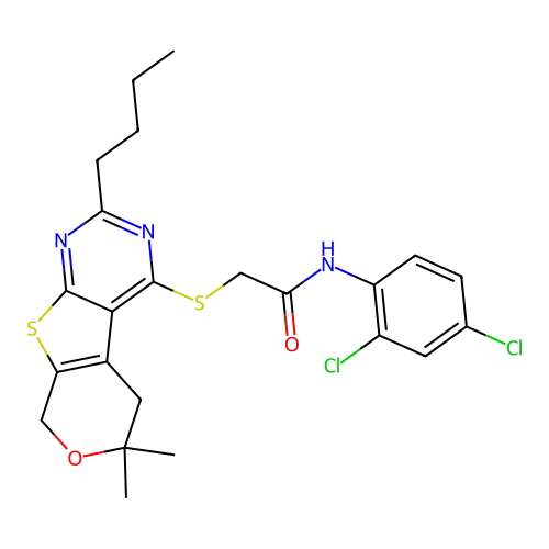 2-[(2-butyl-6,6-dimethyl-5,8-dihydro-6H-pyrano[4',3':4,5]thieno[2,3-d]pyrimidin-4-yl)sulfanyl]-N-(2,4-dichlorophenyl)acetamide structure