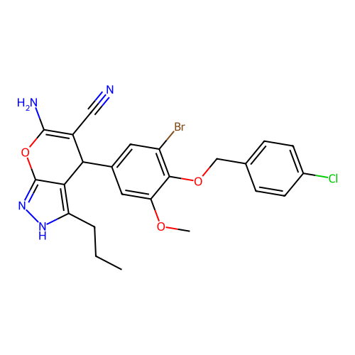 6-amino-4-(3-bromo-4-((4-chlorobenzyl)oxy)-5-methoxyphenyl)-3-propyl-1,4-dihydropyrano[2,3-c]pyrazole-5-carbonitrile structure