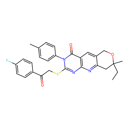 8-ethyl-2-((2-(4-fluorophenyl)-2-oxoethyl)thio)-8-methyl-3-(p-tolyl)-8,9-dihydro-3H-pyrano[3',4':5,6]pyrido[2,3-d]pyrimidin-4(6H)-one structure
