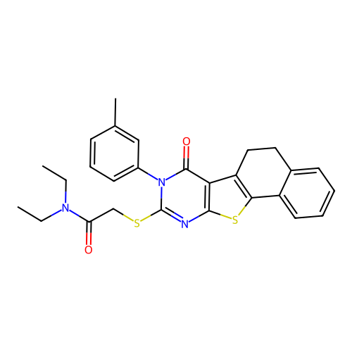 N,N-diethyl-2-((7-oxo-8-(m-tolyl)-5,6,7,8-tetrahydronaphtho[2',1':4,5]thieno[2,3-d]pyrimidin-9-yl)thio)acetamide structure