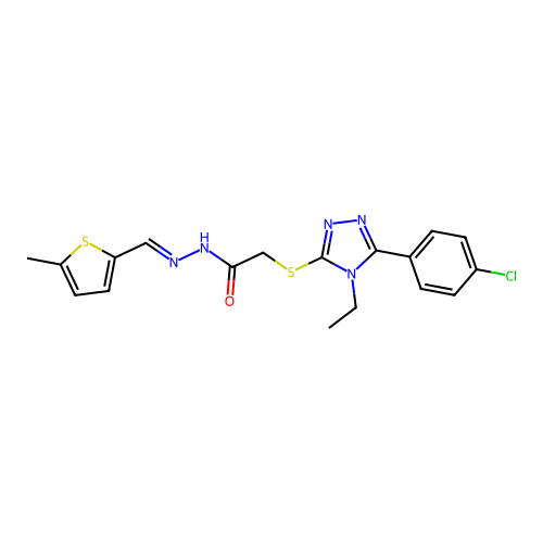 2-{[5-(4-chlorophenyl)-4-ethyl-4H-1,2,4-triazol-3-yl]sulfanyl}-N'-[(E)-(5-methylthiophen-2-yl)methylidene]acetohydrazide structure