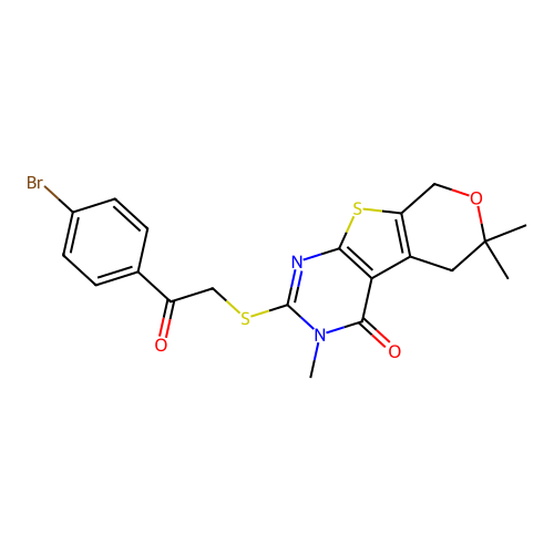 2-((2-(4-bromophenyl)-2-oxoethyl)thio)-3,6,6-trimethyl-5,6-dihydro-3H-pyrano[4',3':4,5]thieno[2,3-d]pyrimidin-4(8H)-one structure
