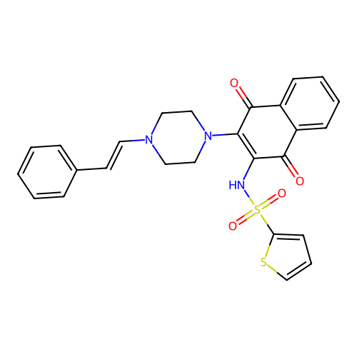 N-[1,4-dioxo-3-[4-(2-phenylethenyl)piperazin-1-yl]naphthalen-2-yl]thiophene-2-sulfonamide structure