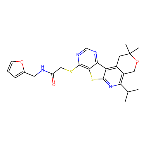 2-{[2,2-dimethyl-5-(propan-2-yl)-1,4-dihydro-2H-pyrano[4'',3'':4',5']pyrido[3',2':4,5]thieno[3,2-d]pyrimidin-8-yl]sulfanyl}-N-(furan-2-ylmethyl)acetamide structure