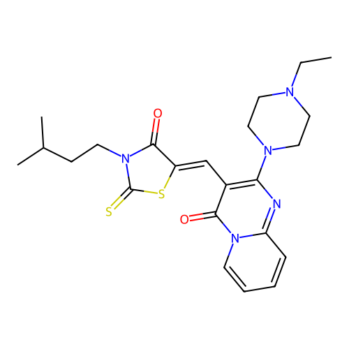 2-(4-ethylpiperazin-1-yl)-3-{(Z)-[3-(3-methylbutyl)-4-oxo-2-thioxo-1,3-thiazolidin-5-ylidene]methyl}-4H-pyrido[1,2-a]pyrimidin-4-one structure
