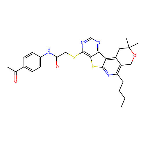 N-(4-acetylphenyl)-2-((5-butyl-2,2-dimethyl-2,4-dihydro-1H-pyrano[4'',3'':4',5']pyrido[3',2':4,5]thieno[3,2-d]pyrimidin-8-yl)thio)acetamide structure