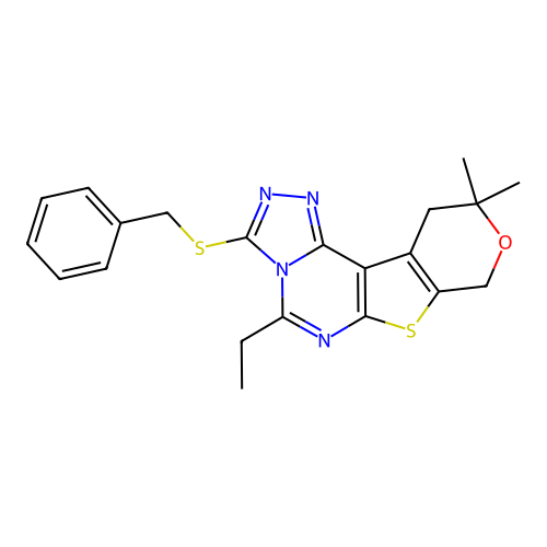 3-(benzylsulfanyl)-5-ethyl-10,10-dimethyl-10,11-dihydro-8H-pyrano[4',3':4,5]thieno[3,2-e][1,2,4]triazolo[4,3-c]pyrimidine structure