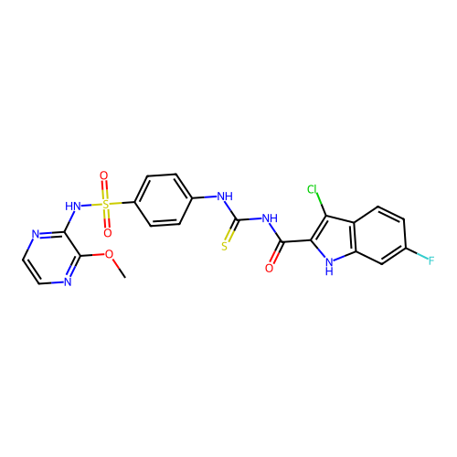3-chloro-6-fluoro-N-((4-(N-(3-methoxypyrazin-2-yl)sulfamoyl)phenyl)carbamothioyl)-1H-indole-2-carboxamide structure