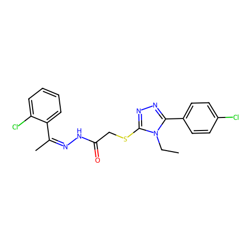 (Z)-2-((5-(4-chlorophenyl)-4-ethyl-4H-1,2,4-triazol-3-yl)thio)-N'-(1-(2-chlorophenyl)ethylidene)acetohydrazide structure