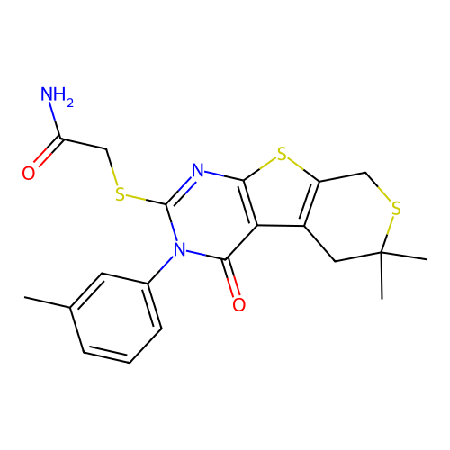 2-((6,6-dimethyl-4-oxo-3-(m-tolyl)-4,5,6,8-tetrahydro-3H-thiopyrano[4',3':4,5]thieno[2,3-d]pyrimidin-2-yl)thio)acetamide structure