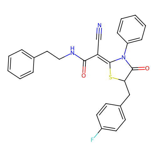 (2Z)-2-cyano-2-[5-(4-fluorobenzyl)-4-oxo-3-phenyl-1,3-thiazolidin-2-ylidene]-N-(2-phenylethyl)ethanamide structure