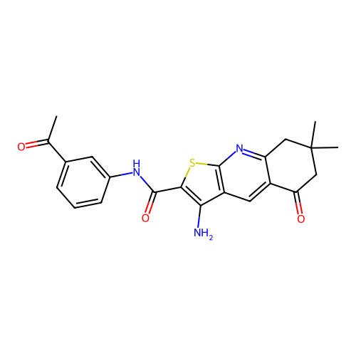 N-(3-acetylphenyl)-3-amino-7,7-dimethyl-5-oxo-5,6,7,8-tetrahydrothieno[2,3-b]quinoline-2-carboxamide structure