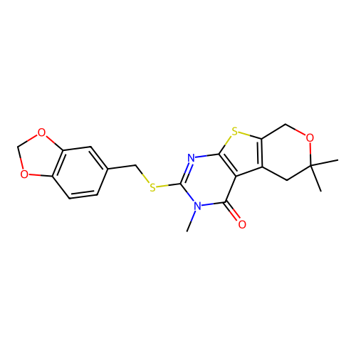 2-((benzo[d][1,3]dioxol-5-ylmethyl)thio)-3,6,6-trimethyl-5,6-dihydro-3H-pyrano[4',3':4,5]thieno[2,3-d]pyrimidin-4(8H)-one structure
