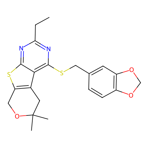 4-((benzo[d][1,3]dioxol-5-ylmethyl)thio)-2-ethyl-6,6-dimethyl-6,8-dihydro-5H-pyrano[4',3':4,5]thieno[2,3-d]pyrimidine structure