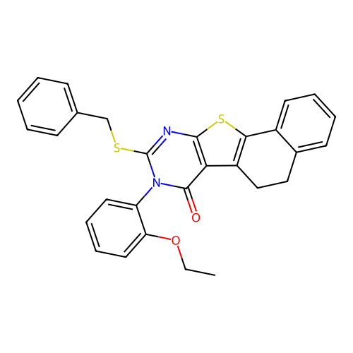 9-(benzylsulfanyl)-8-(2-ethoxyphenyl)-5,8-dihydronaphtho[2',1':4,5]thieno[2,3-d]pyrimidin-7(6H)-one structure