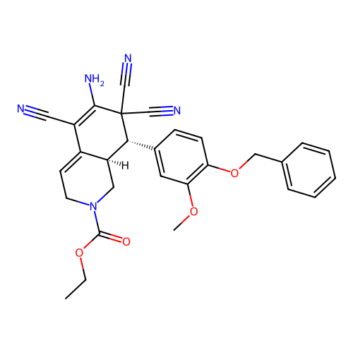 ethyl (8S,8aR)-6-amino-5,7,7-tricyano-8-(3-methoxy-4-phenylmethoxyphenyl)-1,3,8,8a-tetrahydroisoquinoline-2-carboxylate structure