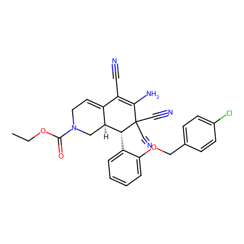 ethyl (8R,8aR)-6-amino-8-[2-[(4-chlorophenyl)methoxy]phenyl]-5,7,7-tricyano-1,3,8,8a-tetrahydroisoquinoline-2-carboxylate structure