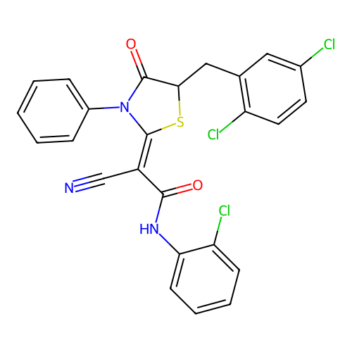 (2Z)-N-(2-chlorophenyl)-2-cyano-2-[5-(2,5-dichlorobenzyl)-4-oxo-3-phenyl-1,3-thiazolidin-2-ylidene]ethanamide structure