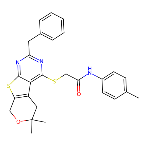 2-[(2-benzyl-6,6-dimethyl-5,8-dihydro-6H-pyrano[4',3':4,5]thieno[2,3-d]pyrimidin-4-yl)sulfanyl]-N-(4-methylphenyl)acetamide structure
