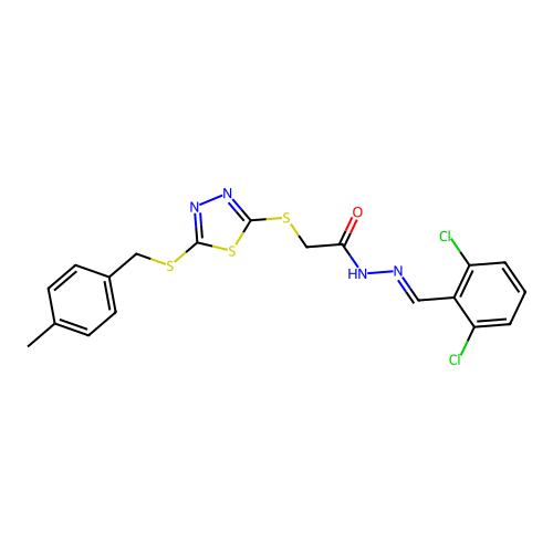 N'-[(E)-(2,6-dichlorophenyl)methylidene]-2-({5-[(4-methylbenzyl)sulfanyl]-1,3,4-thiadiazol-2-yl}sulfanyl)acetohydrazide structure