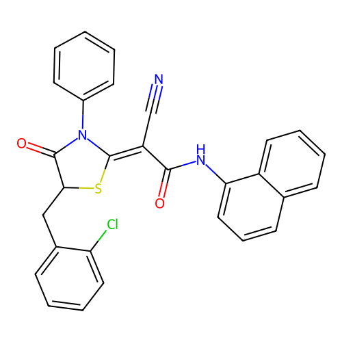 (2Z)-2-[5-(2-chlorobenzyl)-4-oxo-3-phenyl-1,3-thiazolidin-2-ylidene]-2-cyano-N-(naphthalen-1-yl)ethanamide structure