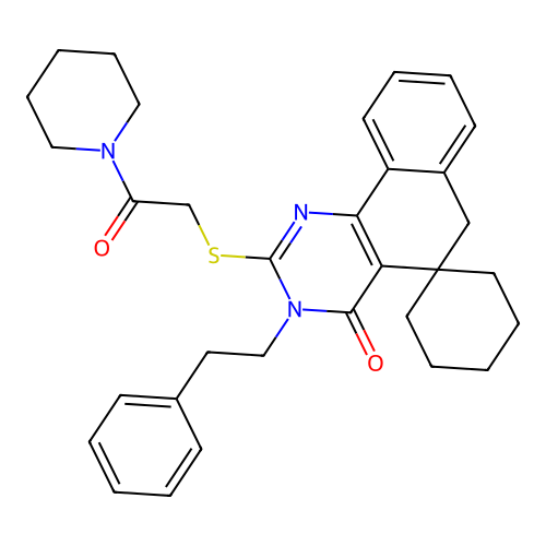 2-((2-oxo-2-(piperidin-1-yl)ethyl)thio)-3-phenethyl-3H-spiro[benzo[h]quinazoline-5,1'-cyclohexan]-4(6H)-one structure