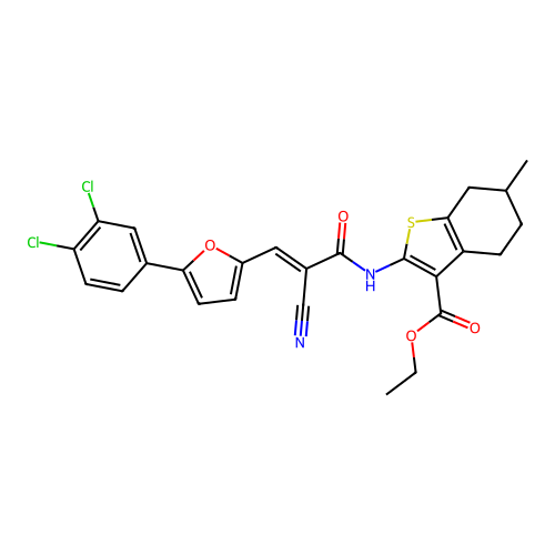(E)-ethyl 2-(2-cyano-3-(5-(3,4-dichlorophenyl)furan-2-yl)acrylamido)-6-methyl-4,5,6,7-tetrahydrobenzo[b]thiophene-3-carboxylate structure
