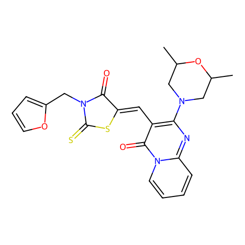2-(2,6-dimethylmorpholin-4-yl)-3-{(Z)-[3-(furan-2-ylmethyl)-4-oxo-2-thioxo-1,3-thiazolidin-5-ylidene]methyl}-4H-pyrido[1,2-a]pyrimidin-4-one structure