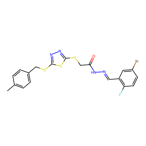 (E)-N'-(5-bromo-2-fluorobenzylidene)-2-((5-((4-methylbenzyl)thio)-1,3,4-thiadiazol-2-yl)thio)acetohydrazide structure