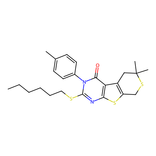 2-(hexylsulfanyl)-6,6-dimethyl-3-(4-methylphenyl)-3,5,6,8-tetrahydro-4H-thiopyrano[4',3':4,5]thieno[2,3-d]pyrimidin-4-one structure