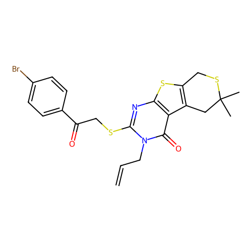 2-{[2-(4-bromophenyl)-2-oxoethyl]sulfanyl}-6,6-dimethyl-3-(prop-2-en-1-yl)-3,5,6,8-tetrahydro-4H-thiopyrano[4',3':4,5]thieno[2,3-d]pyrimidin-4-one structure
