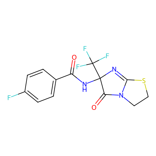 4-fluoro-N-[5-oxo-6-(trifluoromethyl)-2,3,5,6-tetrahydroimidazo[2,1-b][1,3]thiazol-6-yl]benzamide structure