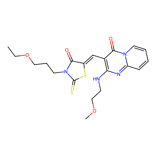 3-{(Z)-[3-(3-ethoxypropyl)-4-oxo-2-thioxo-1,3-thiazolidin-5-ylidene]methyl}-2-[(2-methoxyethyl)amino]-4H-pyrido[1,2-a]pyrimidin-4-one structure