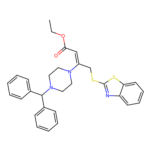 (Z)-ethyl 3-(4-benzhydrylpiperazin-1-yl)-4-(benzo[d]thiazol-2-ylthio)but-2-enoate structure