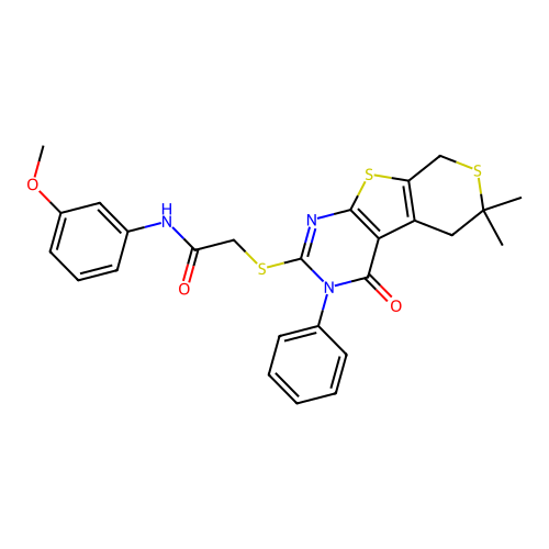 2-((6,6-dimethyl-4-oxo-3-phenyl-4,5,6,8-tetrahydro-3H-thiopyrano[4',3':4,5]thieno[2,3-d]pyrimidin-2-yl)thio)-N-(3-methoxyphenyl)acetamide structure