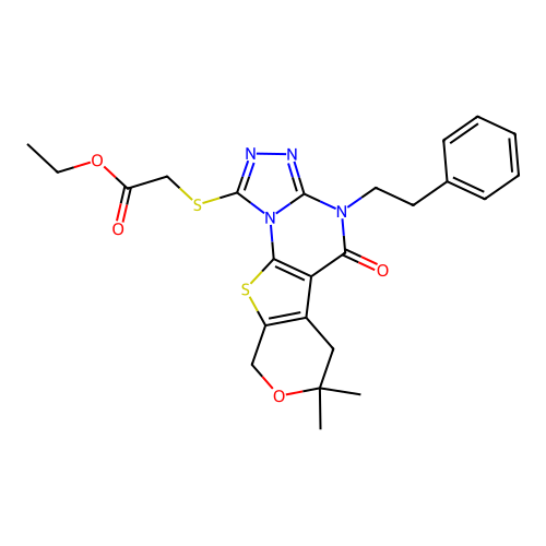 ethyl 2-((7,7-dimethyl-5-oxo-4-phenethyl-5,6,7,9-tetrahydro-4H-pyrano[4',3':4,5]thieno[3,2-e][1,2,4]triazolo[4,3-a]pyrimidin-1-yl)thio)acetate structure