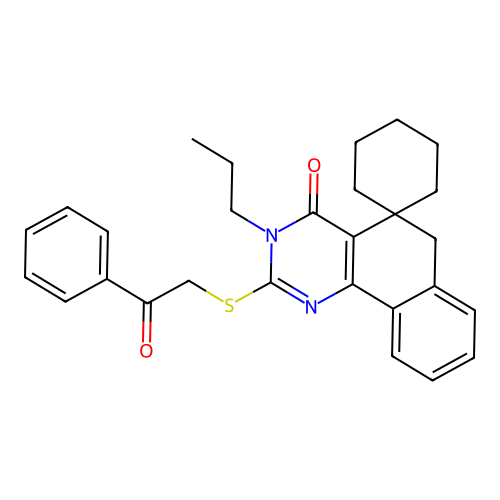 2-phenacylsulfanyl-3-propylspiro[6H-benzo[h]quinazoline-5,1'-cyclohexane]-4-one structure