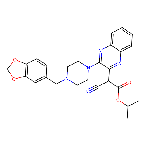 isopropyl 2-(3-(4-(benzo[d][1,3]dioxol-5-ylmethyl)piperazin-1-yl)quinoxalin-2-yl)-2-cyanoacetate structure