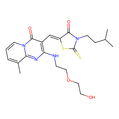 (Z)-5-((2-((2-(2-hydroxyethoxy)ethyl)amino)-9-methyl-4-oxo-4H-pyrido[1,2-a]pyrimidin-3-yl)methylene)-3-isopentyl-2-thioxothiazolidin-4-one structure