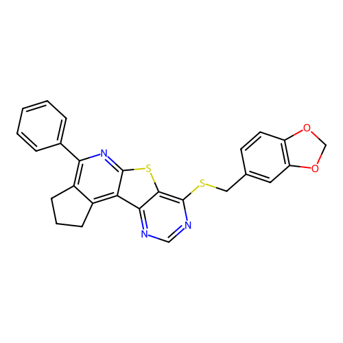 7-((benzo[d][1,3]dioxol-5-ylmethyl)thio)-4-phenyl-2,3-dihydro-1H-cyclopenta[4',5']pyrido[3',2':4,5]thieno[3,2-d]pyrimidine structure