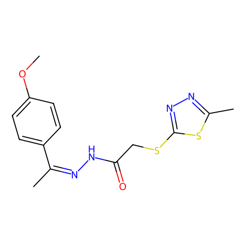 (5-Methyl-[1,3,4]thiadiazol-2-ylsulfanyl)-acetic acid [1-(4-methoxy-phenyl)-eth-(Z)-ylidene]-hydrazide structure