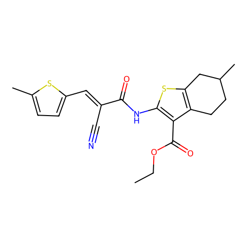 (E)-ethyl 2-(2-cyano-3-(5-methylthiophen-2-yl)acrylamido)-6-methyl-4,5,6,7-tetrahydrobenzo[b]thiophene-3-carboxylate structure