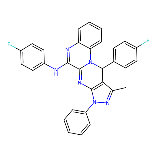 N,11-bis(4-fluorophenyl)-10-methyl-8-phenyl-8,11-dihydropyrazolo[3',4':4,5]pyrimido[1,2-a]quinoxalin-6-amine structure
