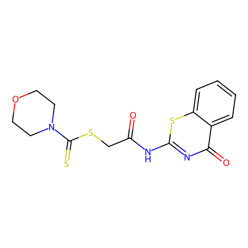 2-oxo-2-{[(2Z)-4-oxo-3,4-dihydro-2H-1,3-benzothiazin-2-ylidene]amino}ethyl morpholine-4-carbodithioate structure