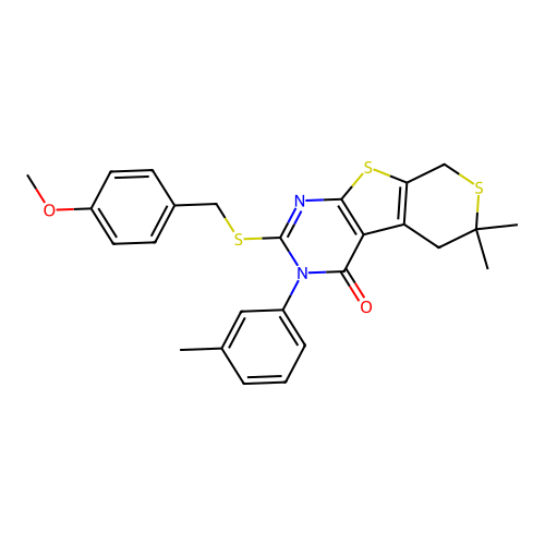 2-((4-methoxybenzyl)thio)-6,6-dimethyl-3-(m-tolyl)-5,6-dihydro-3H-thiopyrano[4',3':4,5]thieno[2,3-d]pyrimidin-4(8H)-one structure