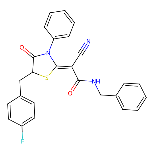 (Z)-N-benzyl-2-cyano-2-(5-(4-fluorobenzyl)-4-oxo-3-phenylthiazolidin-2-ylidene)acetamide structure