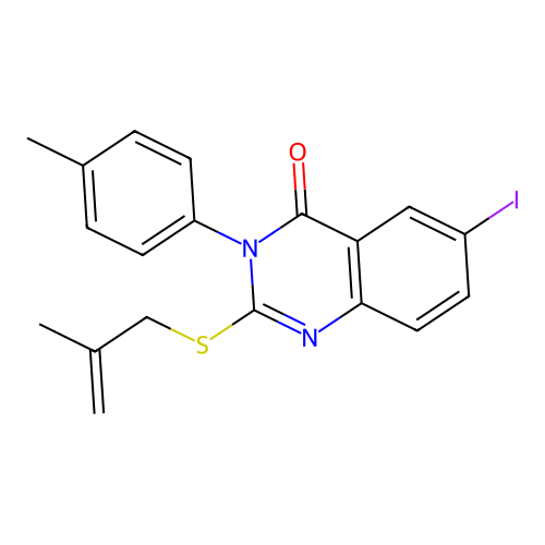 6-iodo-3-(4-methylphenyl)-2-(2-methylprop-2-enylsulfanyl)quinazolin-4-one structure