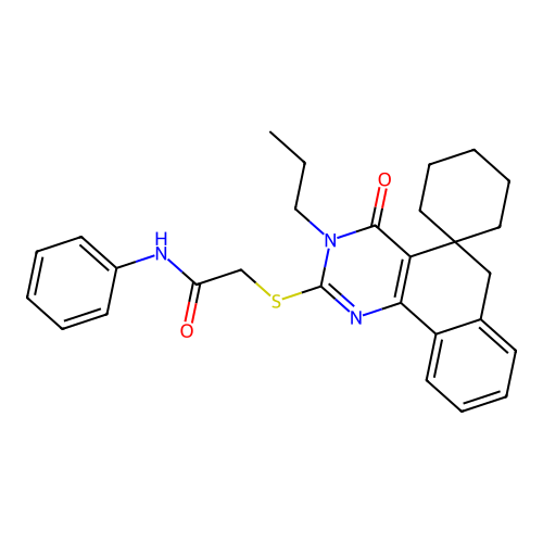 2-((4-oxo-3-propyl-4,6-dihydro-3H-spiro[benzo[h]quinazoline-5,1'-cyclohexan]-2-yl)thio)-N-phenylacetamide structure