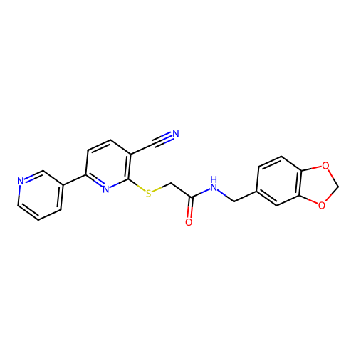 N-(1,3-benzodioxol-5-ylmethyl)-2-(3-cyano-6-pyridin-3-ylpyridin-2-yl)sulfanylacetamide structure